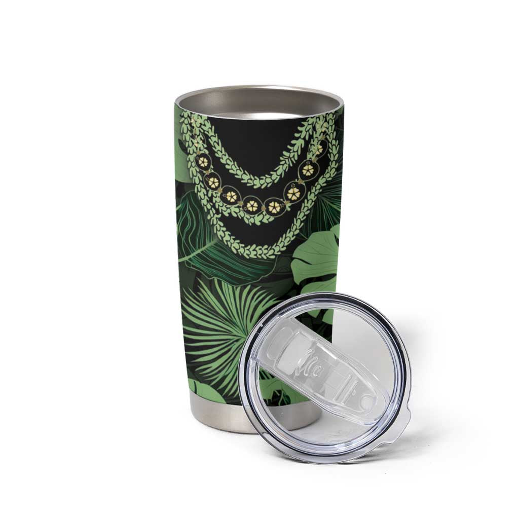 Green Hawaii Kukui Nut Lei Tumbler Cup Hawaiian Pattern Monstera Tropical Vibes - Polynesian Pride