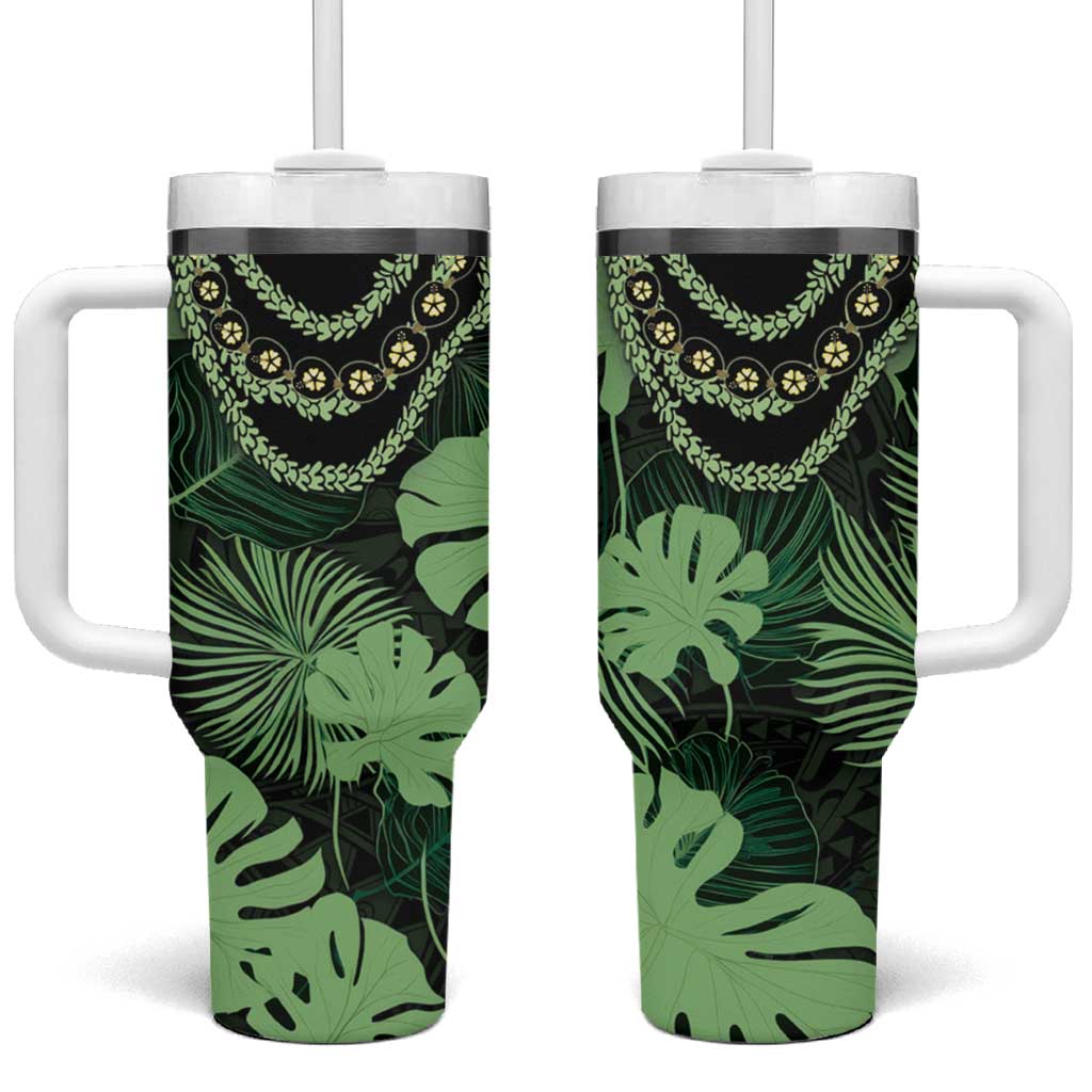 Green Hawaii Kukui Nut Lei Tumbler With Handle Hawaiian Pattern Monstera Tropical Vibes - Polynesian Pride