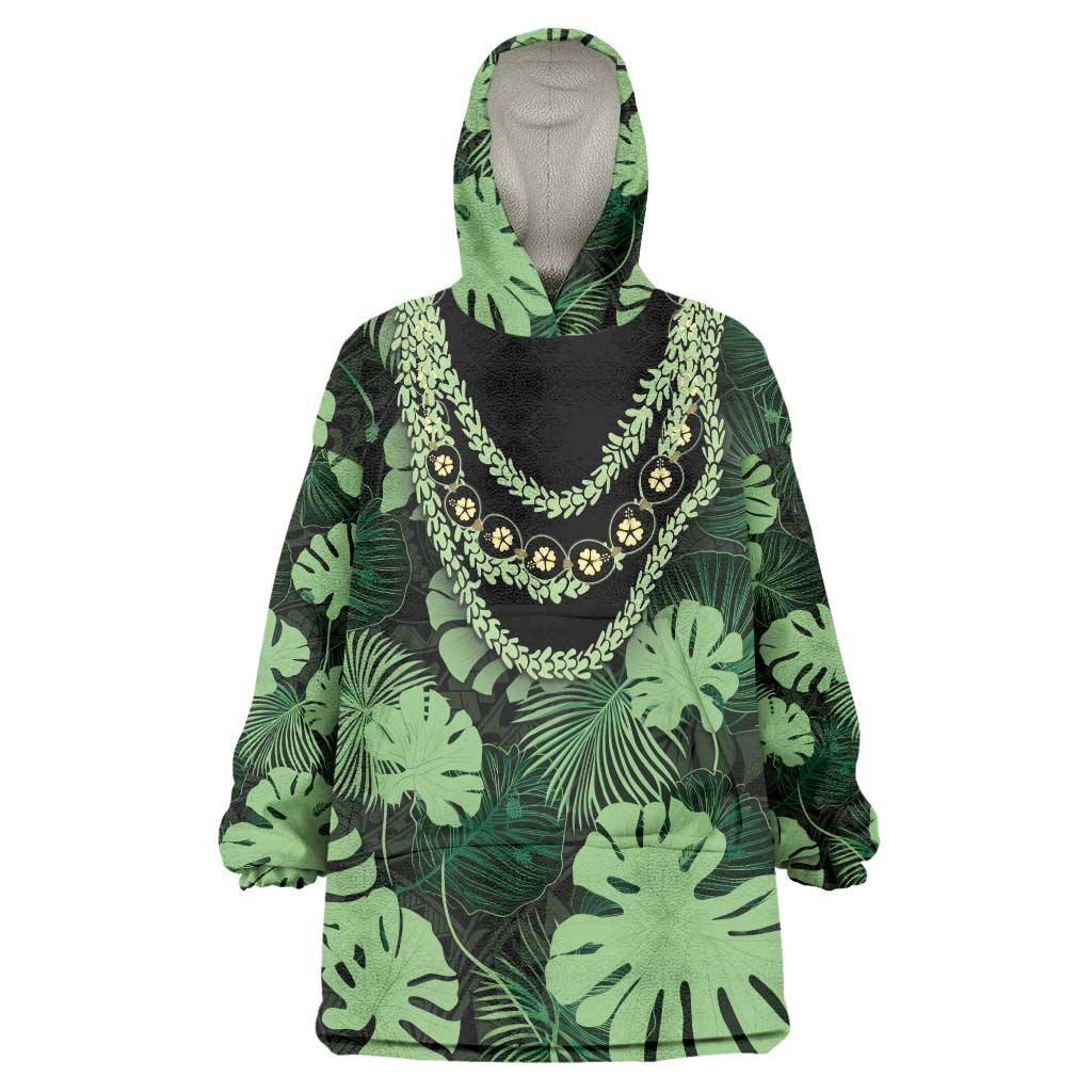 Green Hawaii Kukui Nut Lei Wearable Blanket Hoodie Hawaiian Pattern Monstera Tropical Vibes LT14 One Size Green - Polynesian Pride