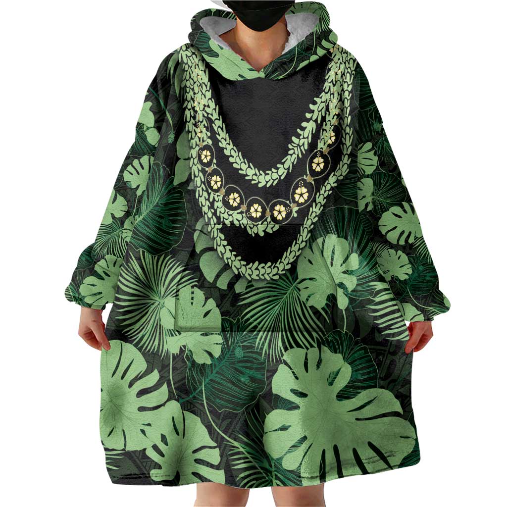 Green Hawaii Kukui Nut Lei Wearable Blanket Hoodie Hawaiian Pattern Monstera Tropical Vibes LT14 - Polynesian Pride
