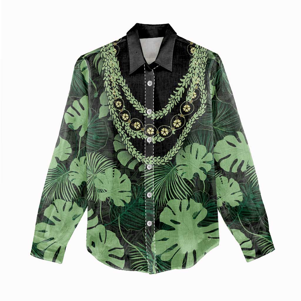 Green Hawaii Kukui Nut Lei Women Casual Shirt Hawaiian Pattern Monstera Tropical Vibes - Polynesian Pride