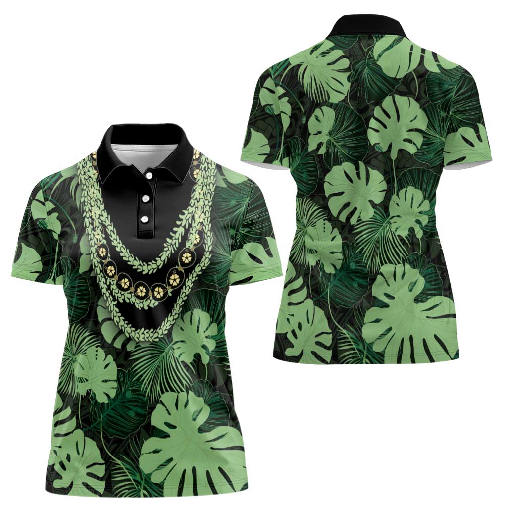 Green Hawaii Kukui Nut Lei Women Polo Shirt Hawaiian Pattern Monstera Tropical Vibes LT14 - Polynesian Pride
