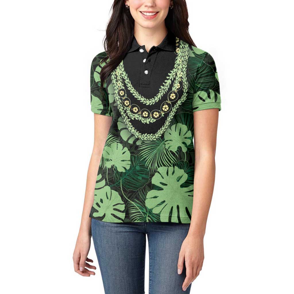 Green Hawaii Kukui Nut Lei Women Polo Shirt Hawaiian Pattern Monstera Tropical Vibes LT14 - Polynesian Pride