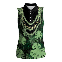 Green Hawaii Kukui Nut Lei Women Sleeveless Polo Shirt Hawaiian Pattern Monstera Tropical Vibes LT14 Female Green - Polynesian Pride
