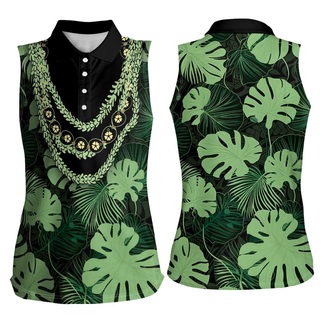 Green Hawaii Kukui Nut Lei Women Sleeveless Polo Shirt Hawaiian Pattern Monstera Tropical Vibes LT14 - Polynesian Pride