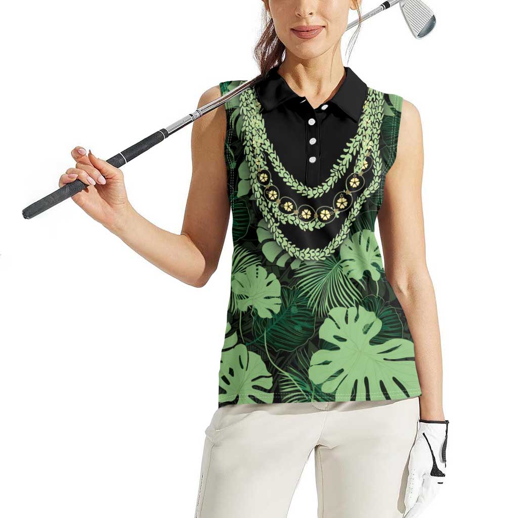 Green Hawaii Kukui Nut Lei Women Sleeveless Polo Shirt Hawaiian Pattern Monstera Tropical Vibes LT14 - Polynesian Pride