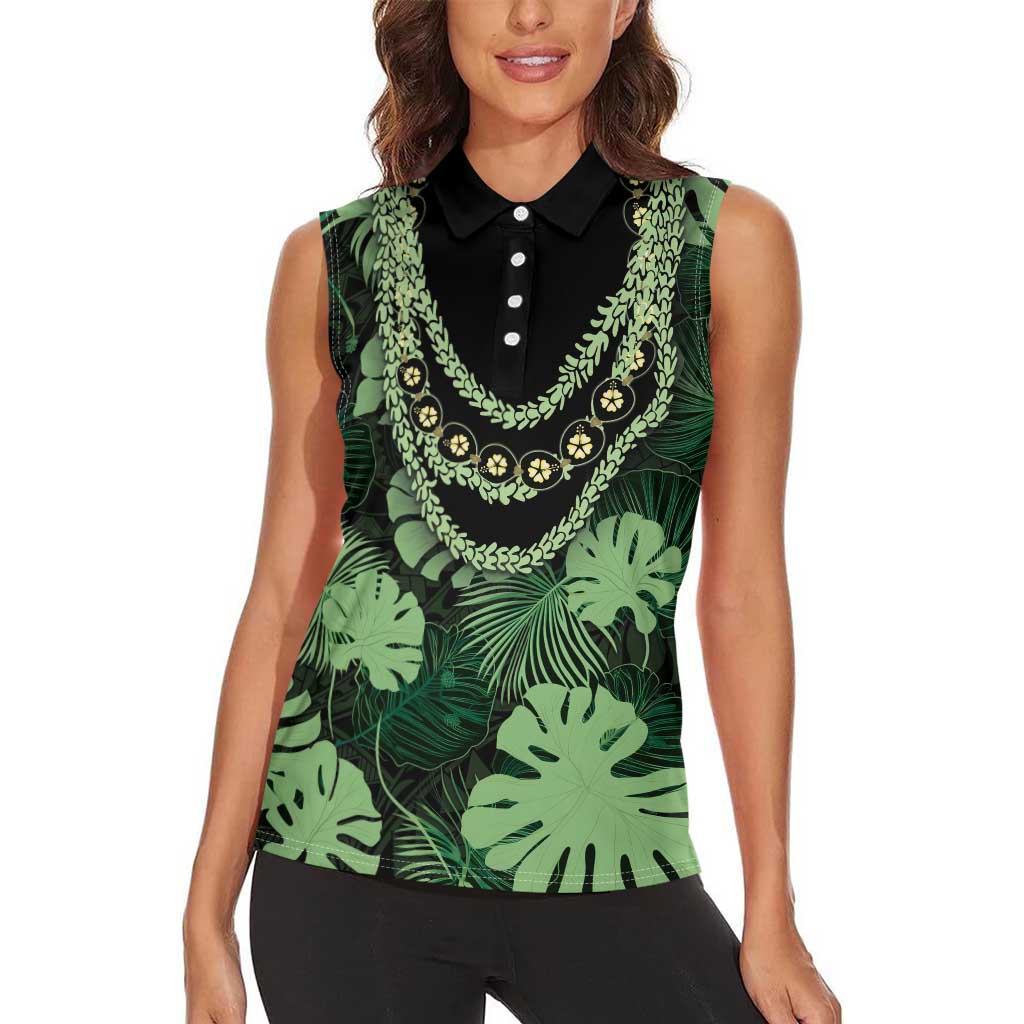 Green Hawaii Kukui Nut Lei Women Sleeveless Polo Shirt Hawaiian Pattern Monstera Tropical Vibes LT14 - Polynesian Pride