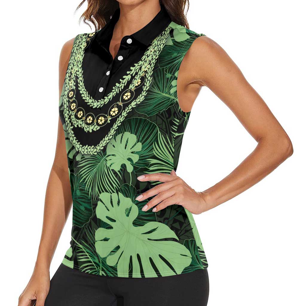 Green Hawaii Kukui Nut Lei Women Sleeveless Polo Shirt Hawaiian Pattern Monstera Tropical Vibes LT14 - Polynesian Pride