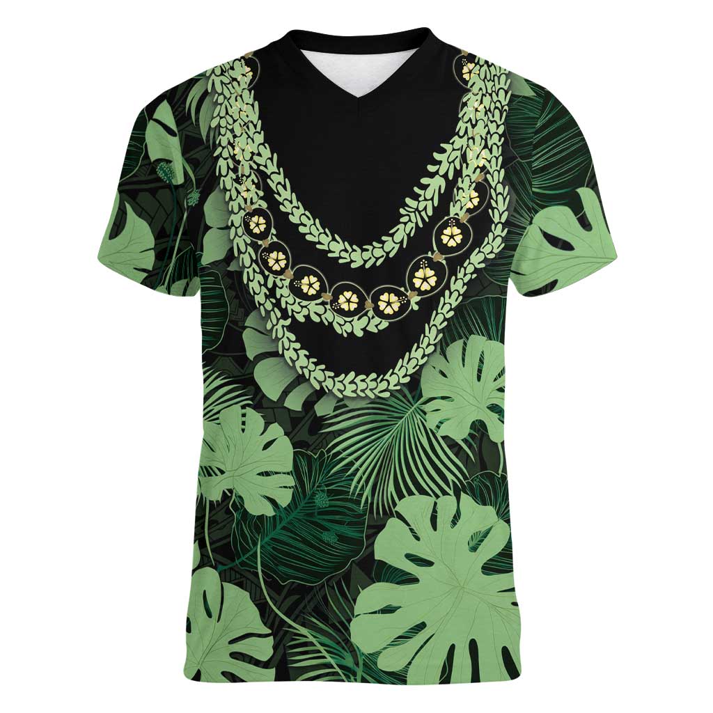 Green Hawaii Kukui Nut Lei Women V-Neck T-Shirt Hawaiian Pattern Monstera Tropical Vibes LT14 Female Green - Polynesian Pride