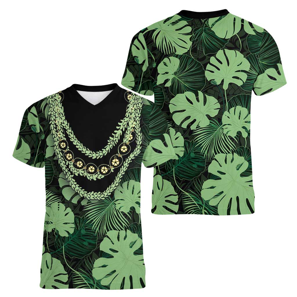 Green Hawaii Kukui Nut Lei Women V-Neck T-Shirt Hawaiian Pattern Monstera Tropical Vibes LT14 - Polynesian Pride
