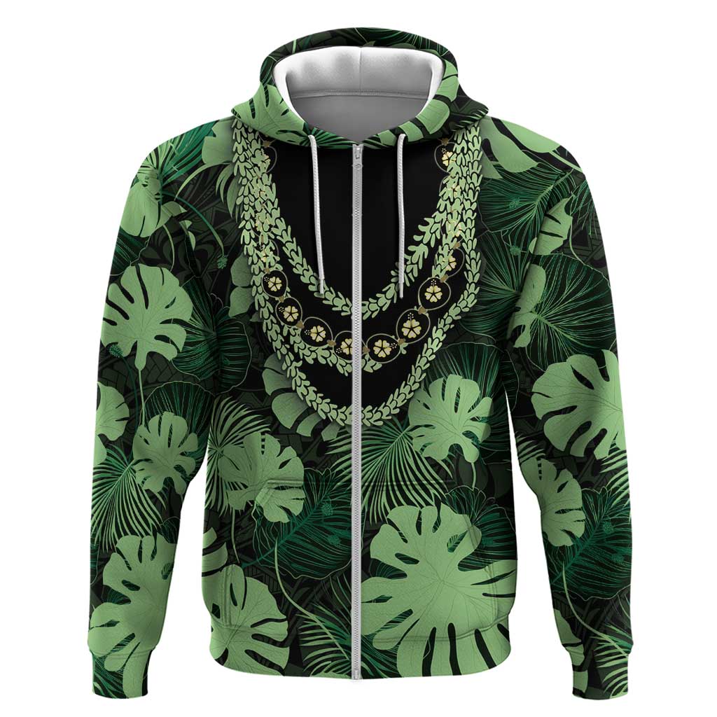 Green Hawaii Kukui Nut Lei Zip Hoodie Hawaiian Pattern Monstera Tropical Vibes - Polynesian Pride