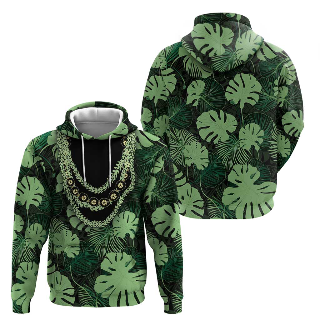 Green Hawaii Kukui Nut Lei Zip Hoodie Hawaiian Pattern Monstera Tropical Vibes - Polynesian Pride