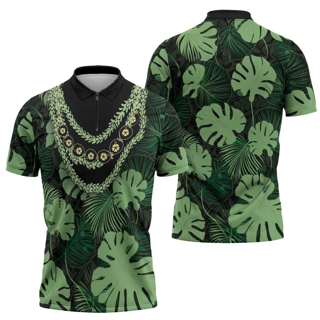 Green Hawaii Kukui Nut Lei Zipper Polo Shirt Hawaiian Pattern Monstera Tropical Vibes LT14 - Polynesian Pride