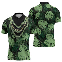 Green Hawaii Kukui Nut Lei Zipper Polo Shirt Hawaiian Pattern Monstera Tropical Vibes LT14 - Polynesian Pride