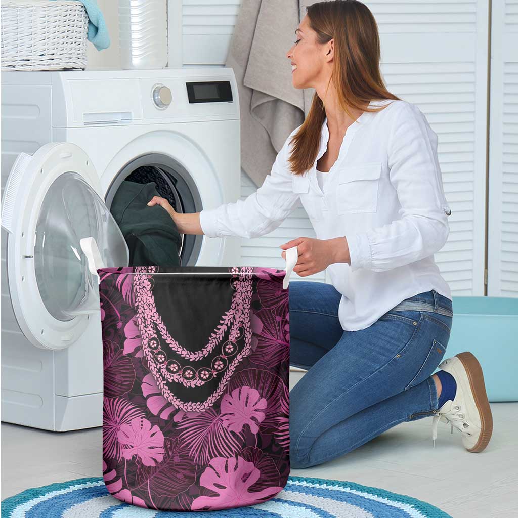 Pink Hawaii Kukui Nut Lei Laundry Basket Hawaiian Pattern Monstera Tropical Vibes - Polynesian Pride