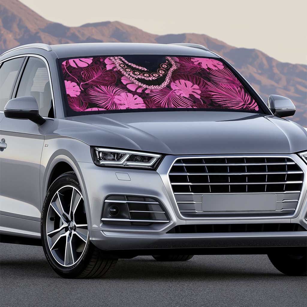 Pink Hawaii Kukui Nut Lei Auto Sun Shade Hawaiian Pattern Monstera Tropical Vibes - Polynesian Pride