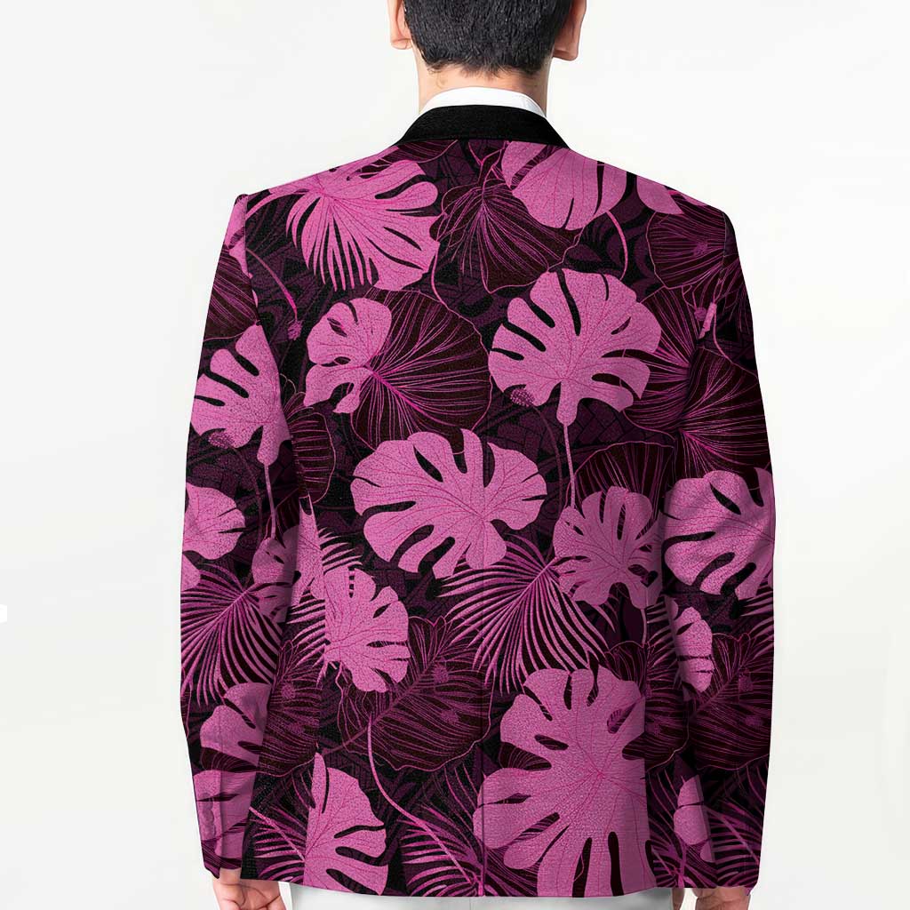 Pink Hawaii Kukui Nut Lei Blazer Hawaiian Pattern Monstera Tropical Vibes - Polynesian Pride