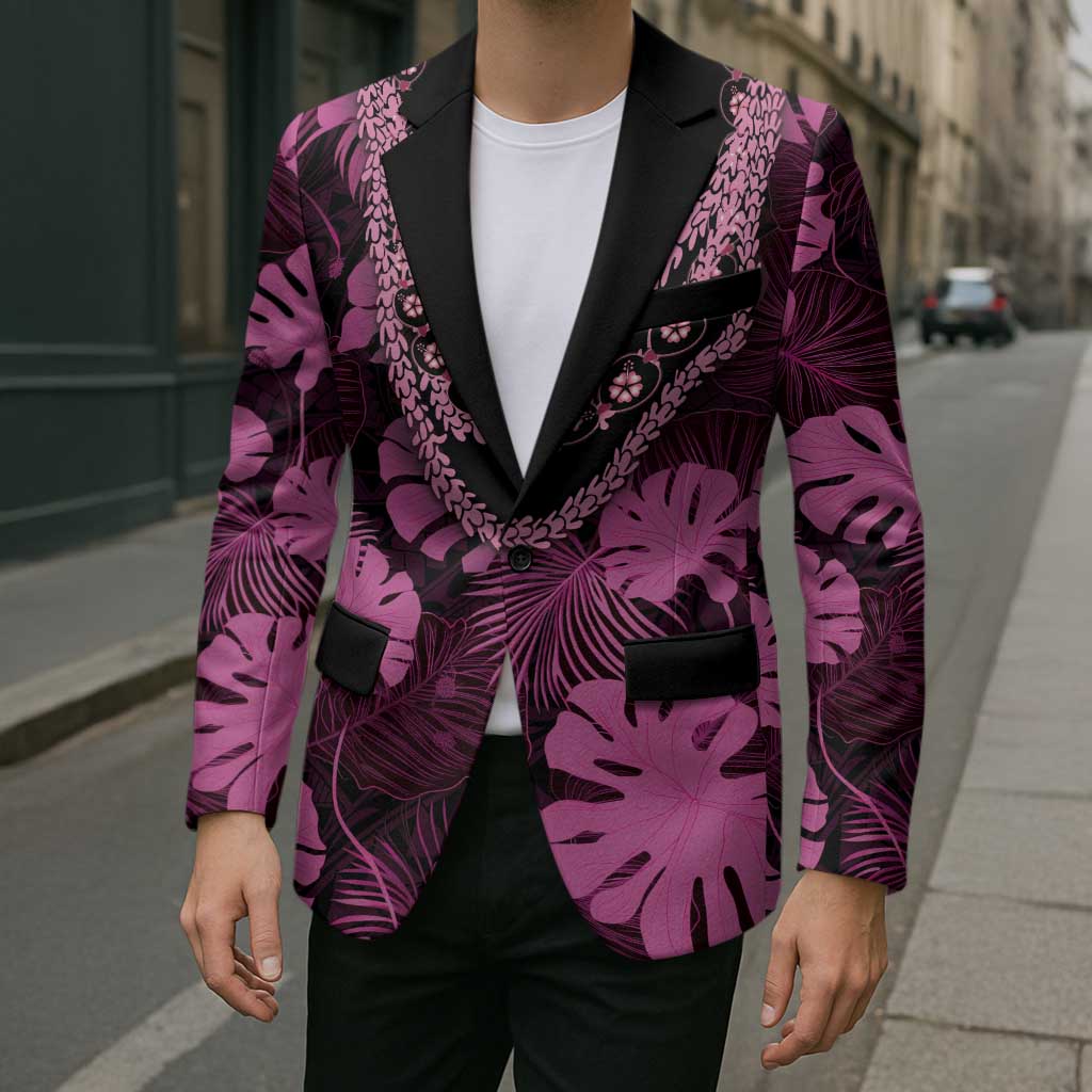 Pink Hawaii Kukui Nut Lei Blazer Hawaiian Pattern Monstera Tropical Vibes - Polynesian Pride