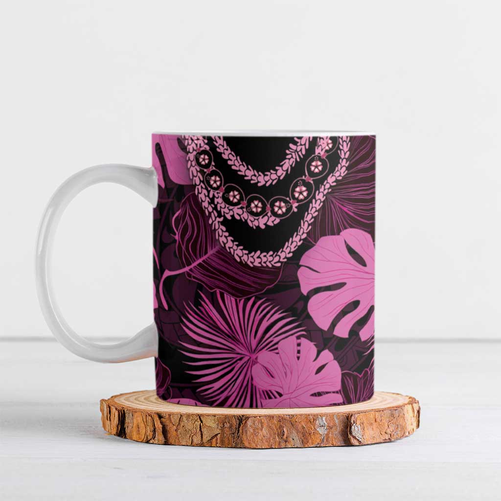 Pink Hawaii Kukui Nut Lei Ceramic Mug Hawaiian Pattern Monstera Tropical Vibes - Polynesian Pride