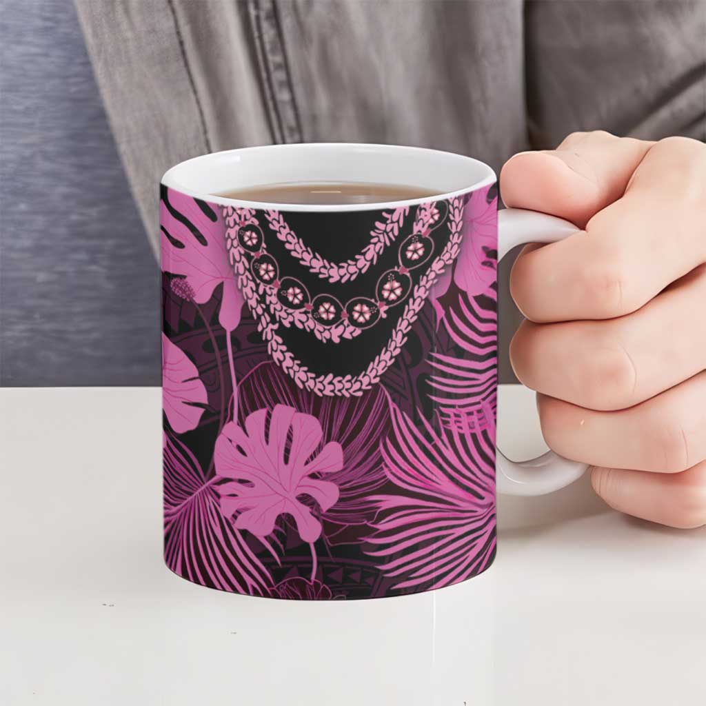 Pink Hawaii Kukui Nut Lei Ceramic Mug Hawaiian Pattern Monstera Tropical Vibes - Polynesian Pride