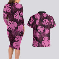Pink Hawaii Kukui Nut Lei Couples Matching Long Sleeve Bodycon Dress and Hawaiian Shirt Hawaiian Pattern Monstera Tropical Vibes - Polynesian Pride