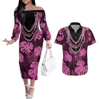 Pink Hawaii Kukui Nut Lei Couples Matching Off The Shoulder Long Sleeve Dress and Hawaiian Shirt Hawaiian Pattern Monstera Tropical Vibes - Polynesian Pride