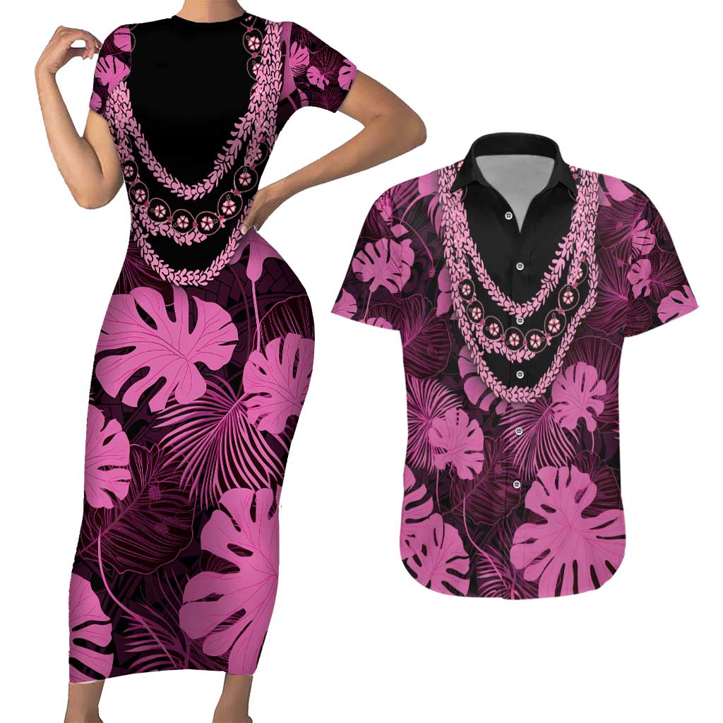 Pink Hawaii Kukui Nut Lei Couples Matching Short Sleeve Bodycon Dress and Hawaiian Shirt Hawaiian Pattern Monstera Tropical Vibes - Polynesian Pride