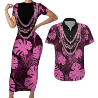 Pink Hawaii Kukui Nut Lei Couples Matching Short Sleeve Bodycon Dress and Hawaiian Shirt Hawaiian Pattern Monstera Tropical Vibes - Polynesian Pride
