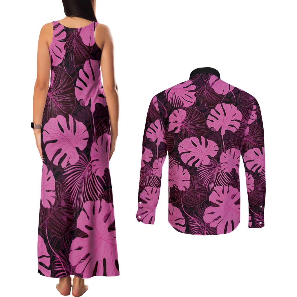 Pink Hawaii Kukui Nut Lei Couples Matching Tank Maxi Dress and Long Sleeve Button Shirt Hawaiian Pattern Monstera Tropical Vibes - Polynesian Pride