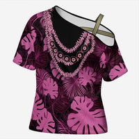 Pink Hawaii Kukui Nut Lei Cross Shoulder Shirt Hawaiian Pattern Monstera Tropical Vibes - Polynesian Pride