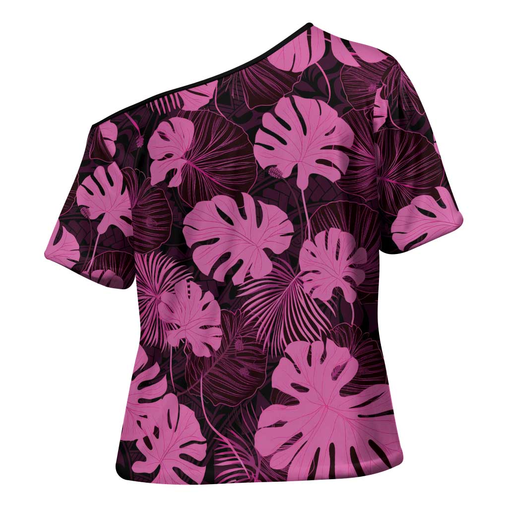 Pink Hawaii Kukui Nut Lei Cross Shoulder Shirt Hawaiian Pattern Monstera Tropical Vibes - Polynesian Pride