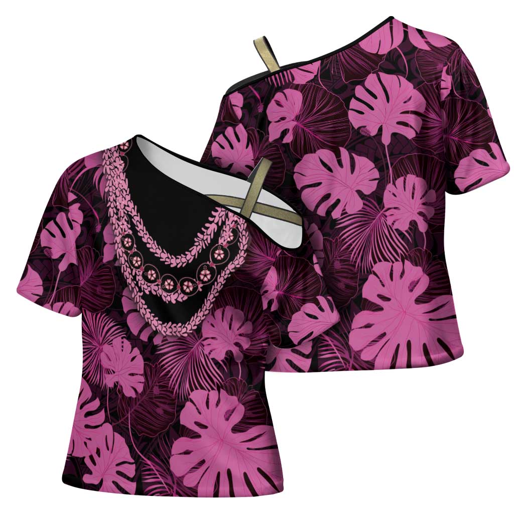 Pink Hawaii Kukui Nut Lei Cross Shoulder Shirt Hawaiian Pattern Monstera Tropical Vibes - Polynesian Pride