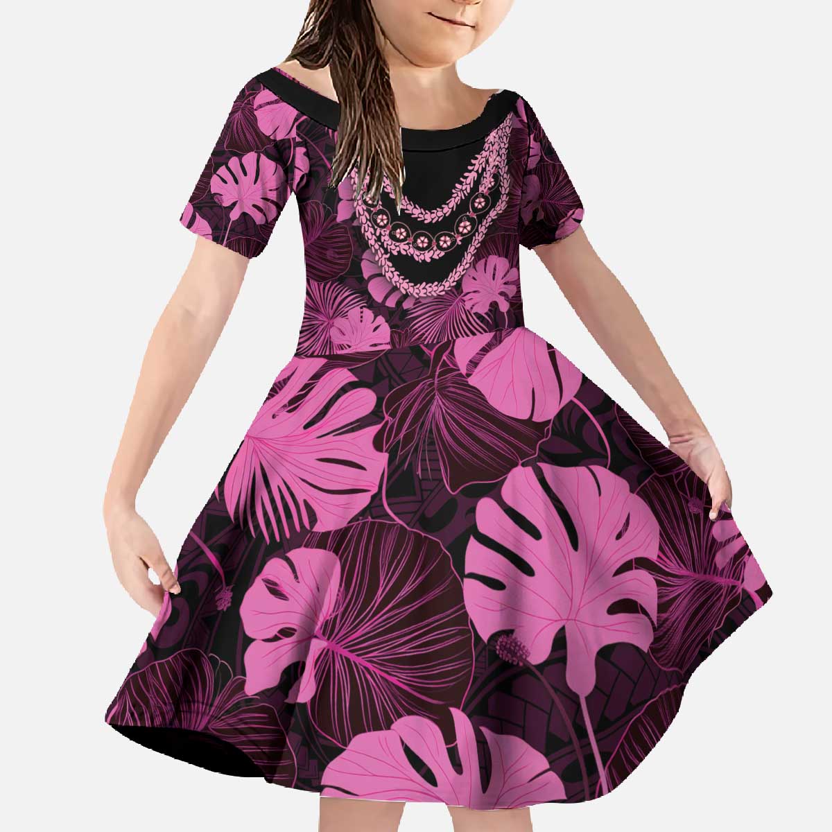 Pink Hawaii Kukui Nut Lei Family Matching Off The Shoulder Long Sleeve Dress and Hawaiian Shirt Hawaiian Pattern Monstera Tropical Vibes - Polynesian Pride
