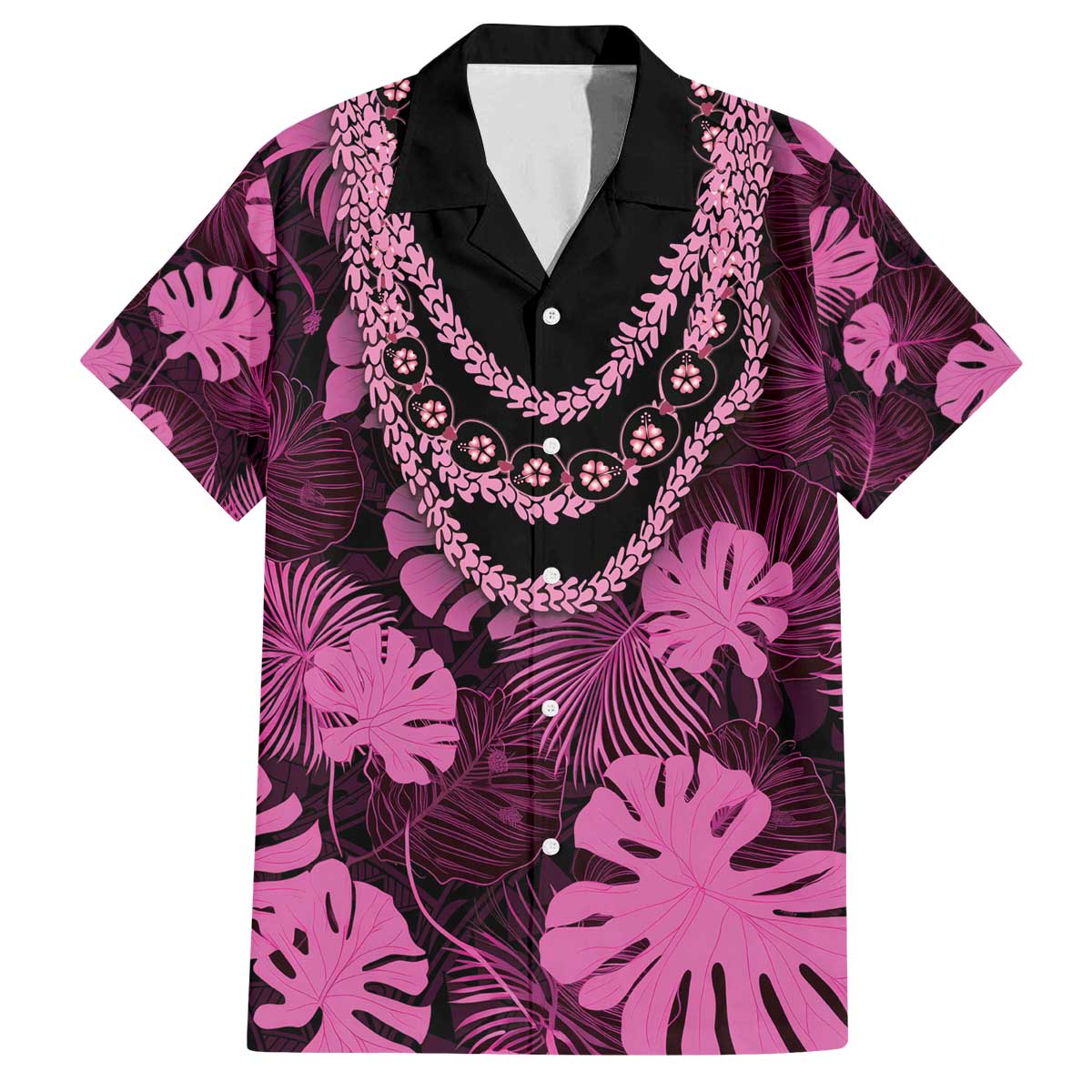 Pink Hawaii Kukui Nut Lei Family Matching Off The Shoulder Long Sleeve Dress and Hawaiian Shirt Hawaiian Pattern Monstera Tropical Vibes - Polynesian Pride