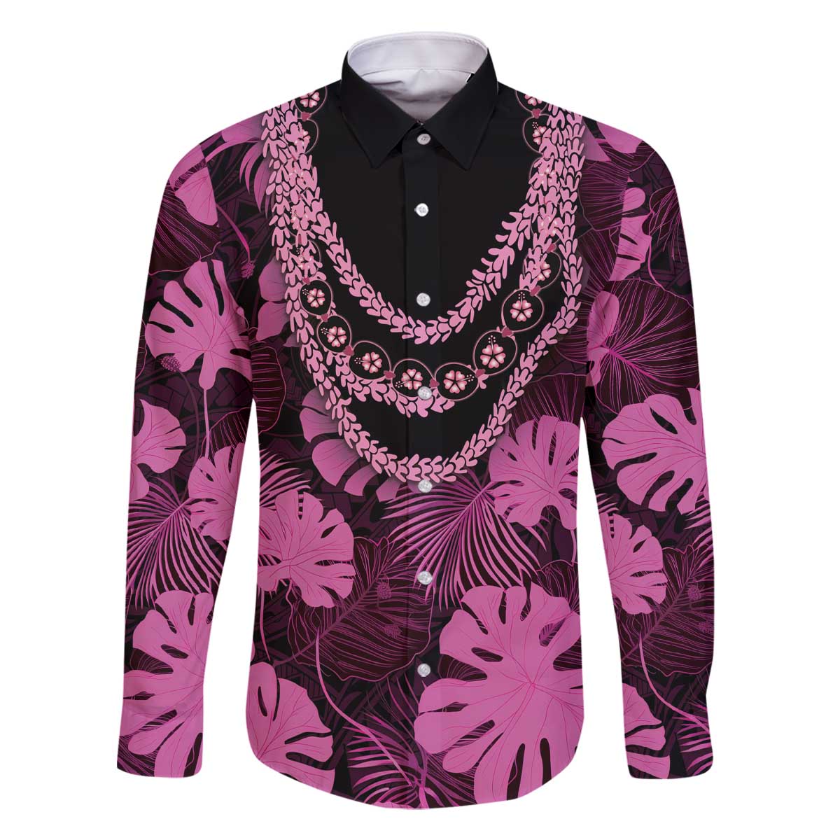 Pink Hawaii Kukui Nut Lei Family Matching Off The Shoulder Long Sleeve Dress and Hawaiian Shirt Hawaiian Pattern Monstera Tropical Vibes - Polynesian Pride