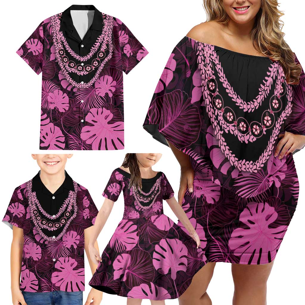 Pink Hawaii Kukui Nut Lei Family Matching Off Shoulder Short Dress and Hawaiian Shirt Hawaiian Pattern Monstera Tropical Vibes - Polynesian Pride
