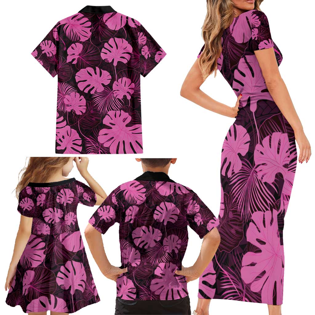 Pink Hawaii Kukui Nut Lei Family Matching Short Sleeve Bodycon Dress and Hawaiian Shirt Hawaiian Pattern Monstera Tropical Vibes - Polynesian Pride
