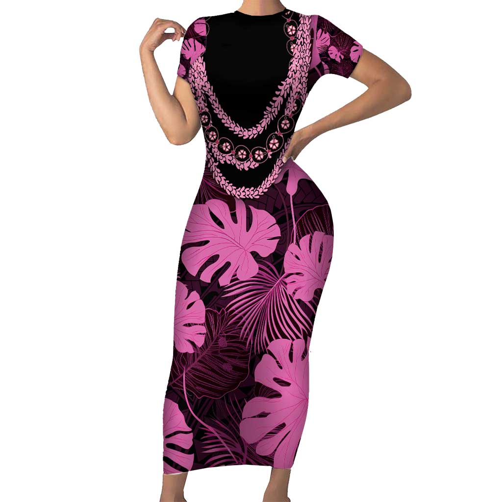 Pink Hawaii Kukui Nut Lei Family Matching Short Sleeve Bodycon Dress and Hawaiian Shirt Hawaiian Pattern Monstera Tropical Vibes - Polynesian Pride
