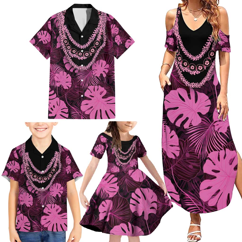 Pink Hawaii Kukui Nut Lei Family Matching Summer Maxi Dress and Hawaiian Shirt Hawaiian Pattern Monstera Tropical Vibes - Polynesian Pride