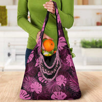 Pink Hawaii Kukui Nut Lei Grocery Bag Hawaiian Pattern Monstera Tropical Vibes - Polynesian Pride
