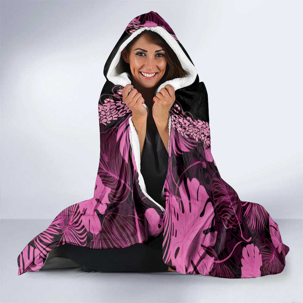 Pink Hawaii Kukui Nut Lei Hooded Blanket Hawaiian Pattern Monstera Tropical Vibes LT14 - Polynesian Pride