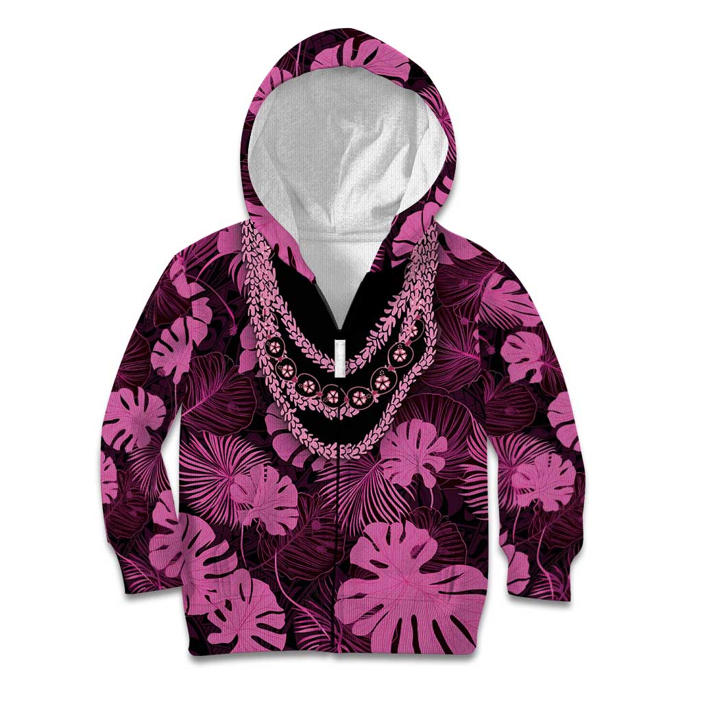 Pink Hawaii Kukui Nut Lei Kid Hoodie Hawaiian Pattern Monstera Tropical Vibes - Polynesian Pride