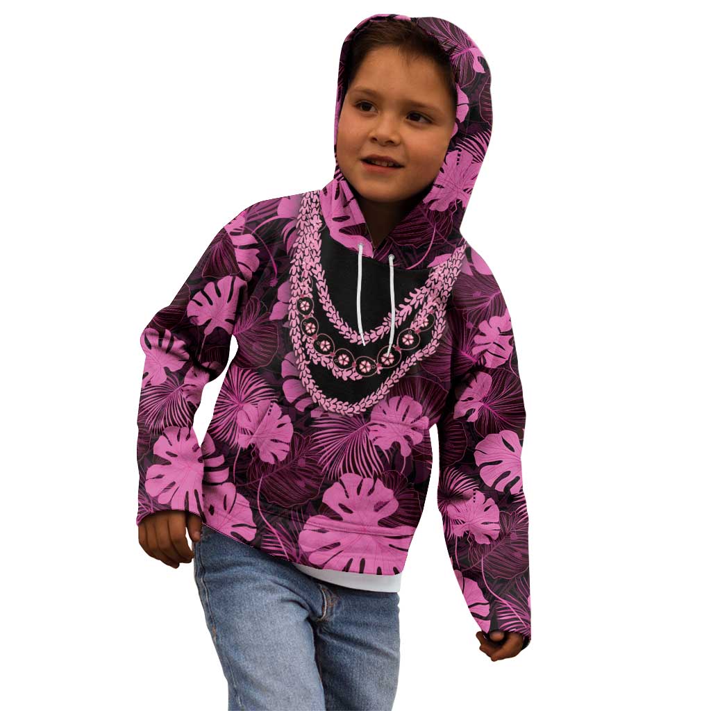 Pink Hawaii Kukui Nut Lei Kid Hoodie Hawaiian Pattern Monstera Tropical Vibes - Polynesian Pride