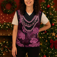 Pink Hawaii Kukui Nut Lei Christmas Knitted V-Neck Vest Hawaiian Pattern Monstera Tropical Vibes LT14 - Polynesian Pride
