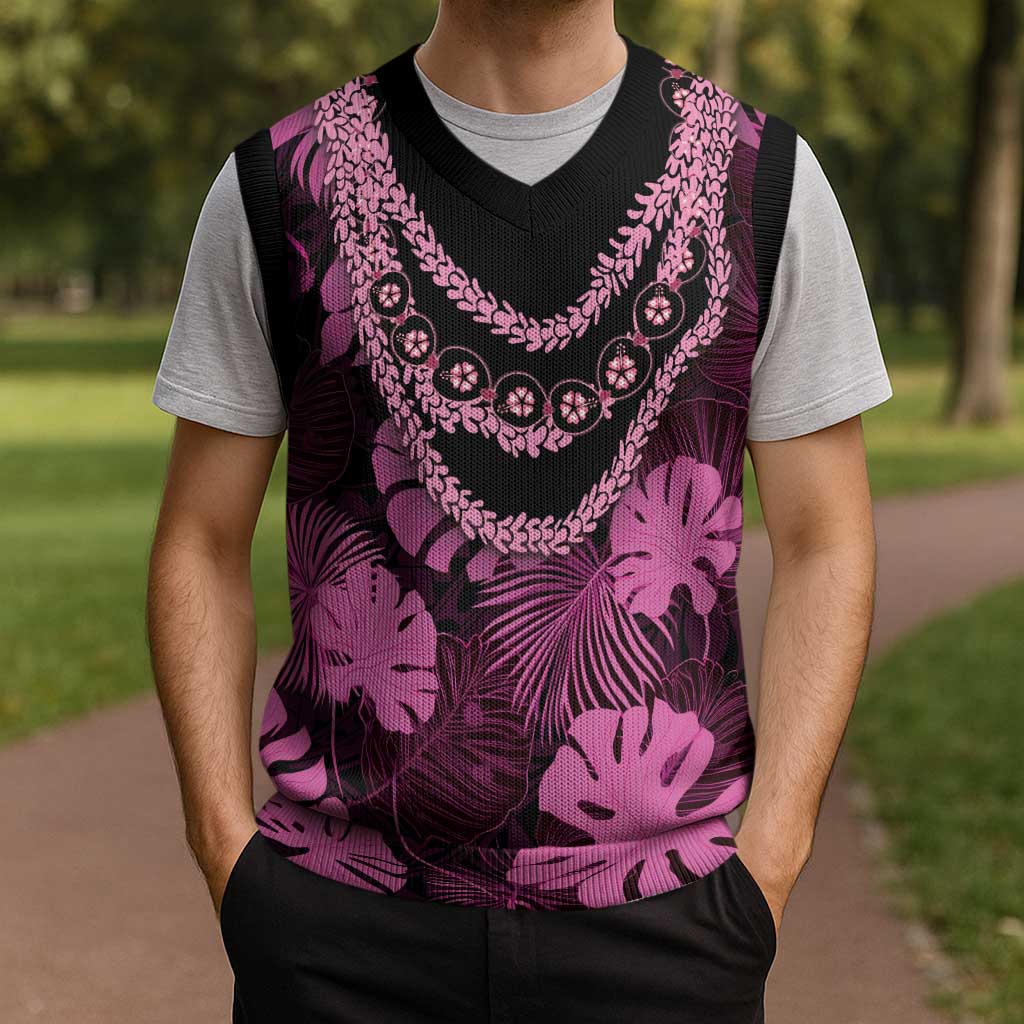 Pink Hawaii Kukui Nut Lei Christmas Knitted V-Neck Vest Hawaiian Pattern Monstera Tropical Vibes LT14 - Polynesian Pride