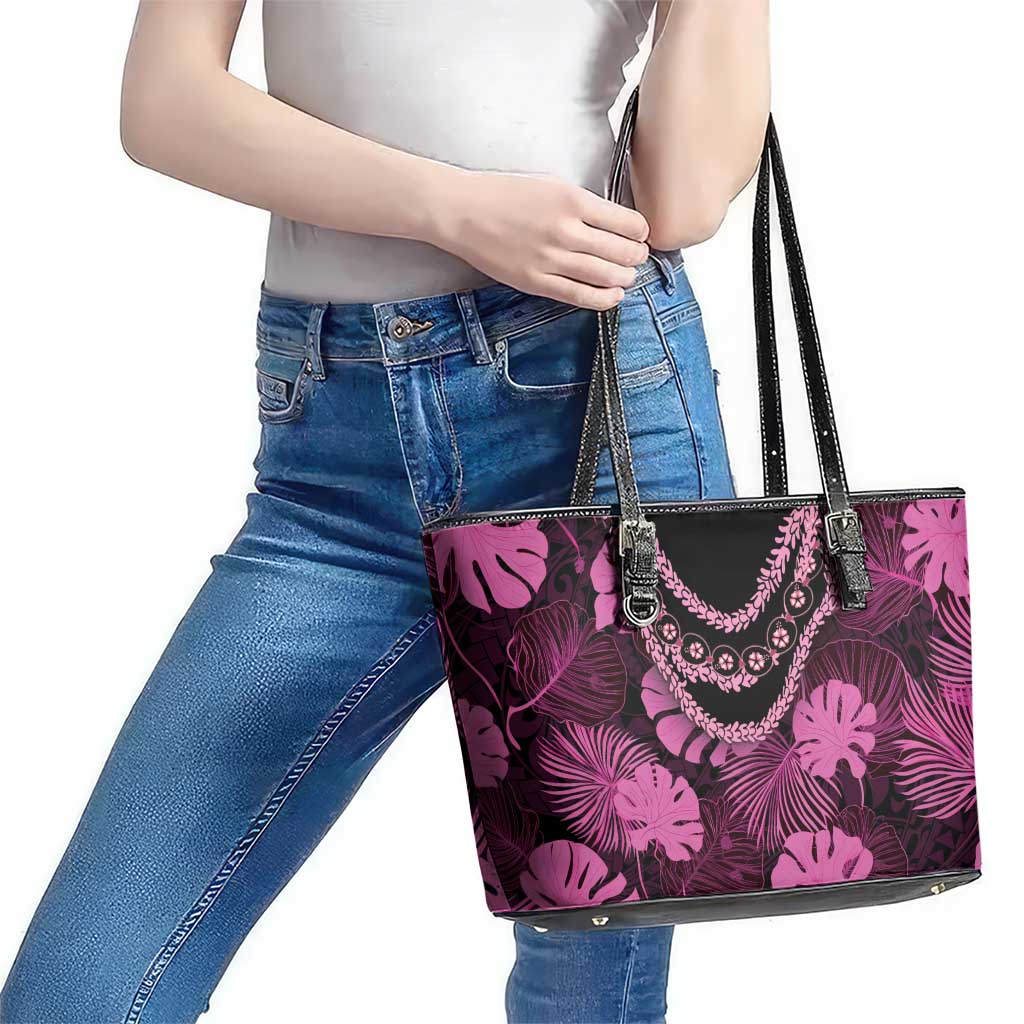 Pink Hawaii Kukui Nut Lei Leather Tote Bag Hawaiian Pattern Monstera Tropical Vibes - Polynesian Pride
