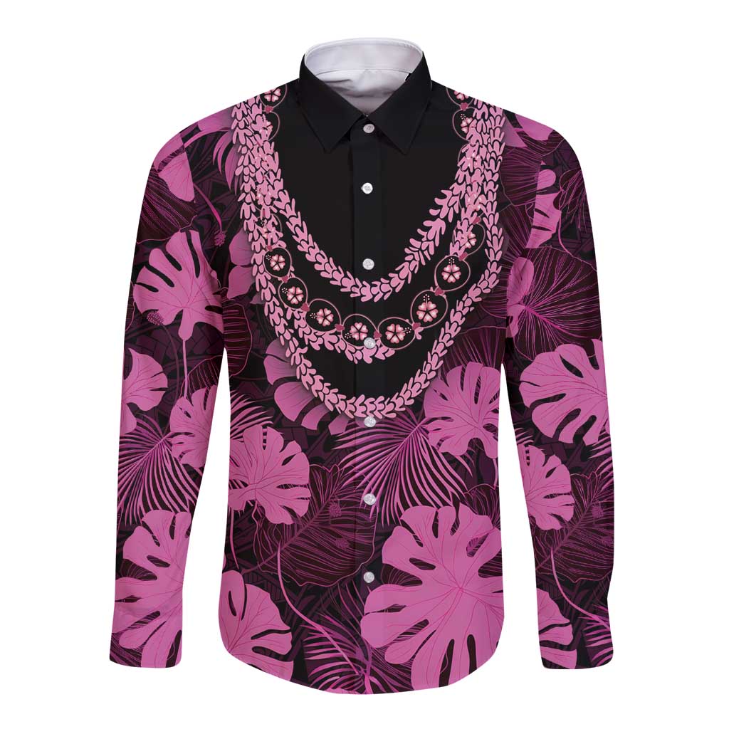 Pink Hawaii Kukui Nut Lei Long Sleeve Button Shirt Hawaiian Pattern Monstera Tropical Vibes LT14 Unisex Pink - Polynesian Pride