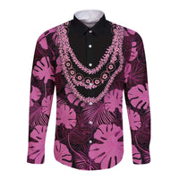 Pink Hawaii Kukui Nut Lei Long Sleeve Button Shirt Hawaiian Pattern Monstera Tropical Vibes LT14 Unisex Pink - Polynesian Pride
