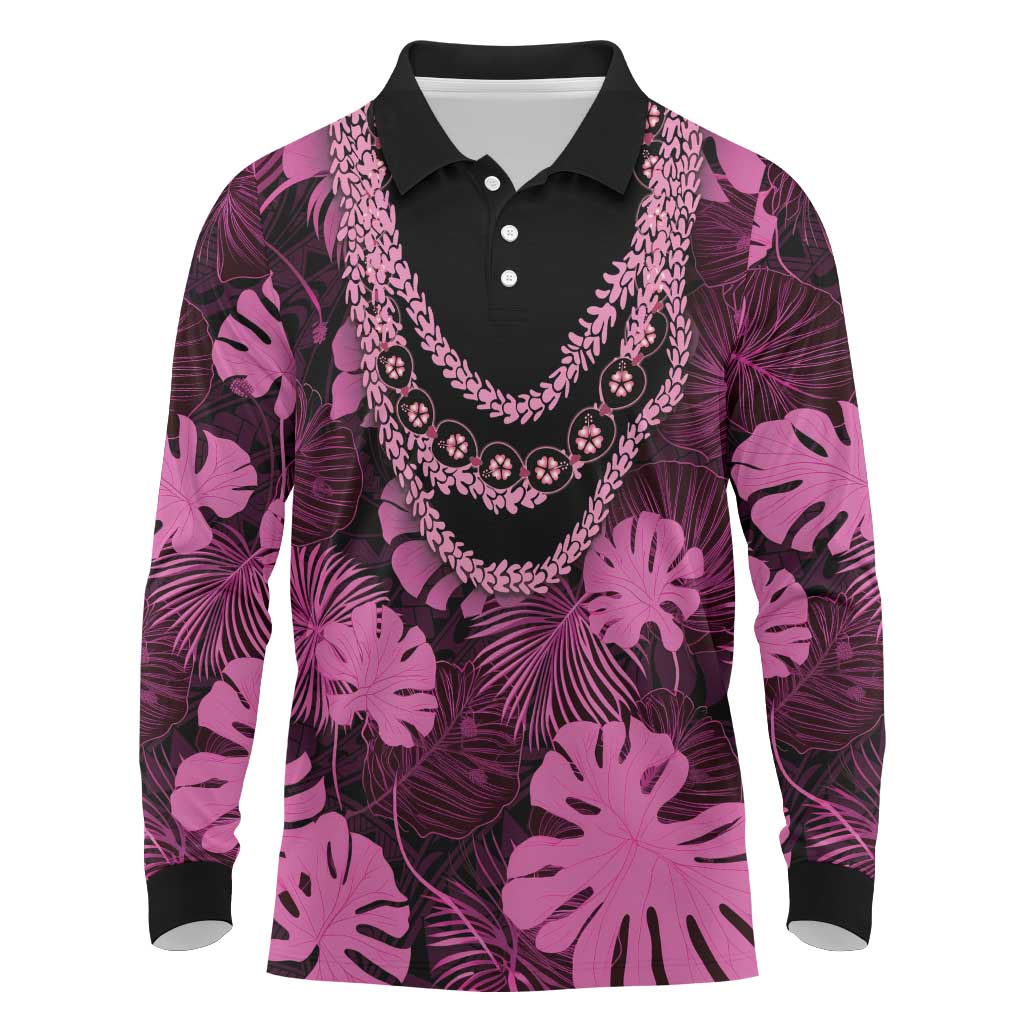 Pink Hawaii Kukui Nut Lei Long Sleeve Polo Shirt Hawaiian Pattern Monstera Tropical Vibes LT14 Pink - Polynesian Pride