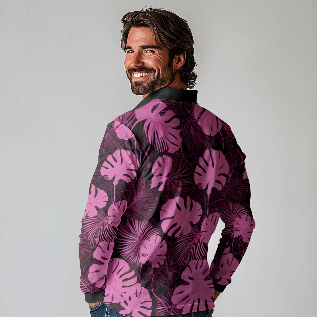 Pink Hawaii Kukui Nut Lei Long Sleeve Polo Shirt Hawaiian Pattern Monstera Tropical Vibes LT14 - Polynesian Pride